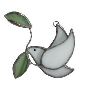 Vintage White Dove 2 Leaves Stained Glass Hanging Suncatcher Ornament 2.5”